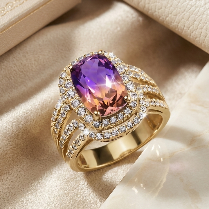 Ametrine Ring featuring a gold-plated sterling silver band with a large purple and amber ametrine gemstone surrounded by sparkling small clear stones, designed for women.