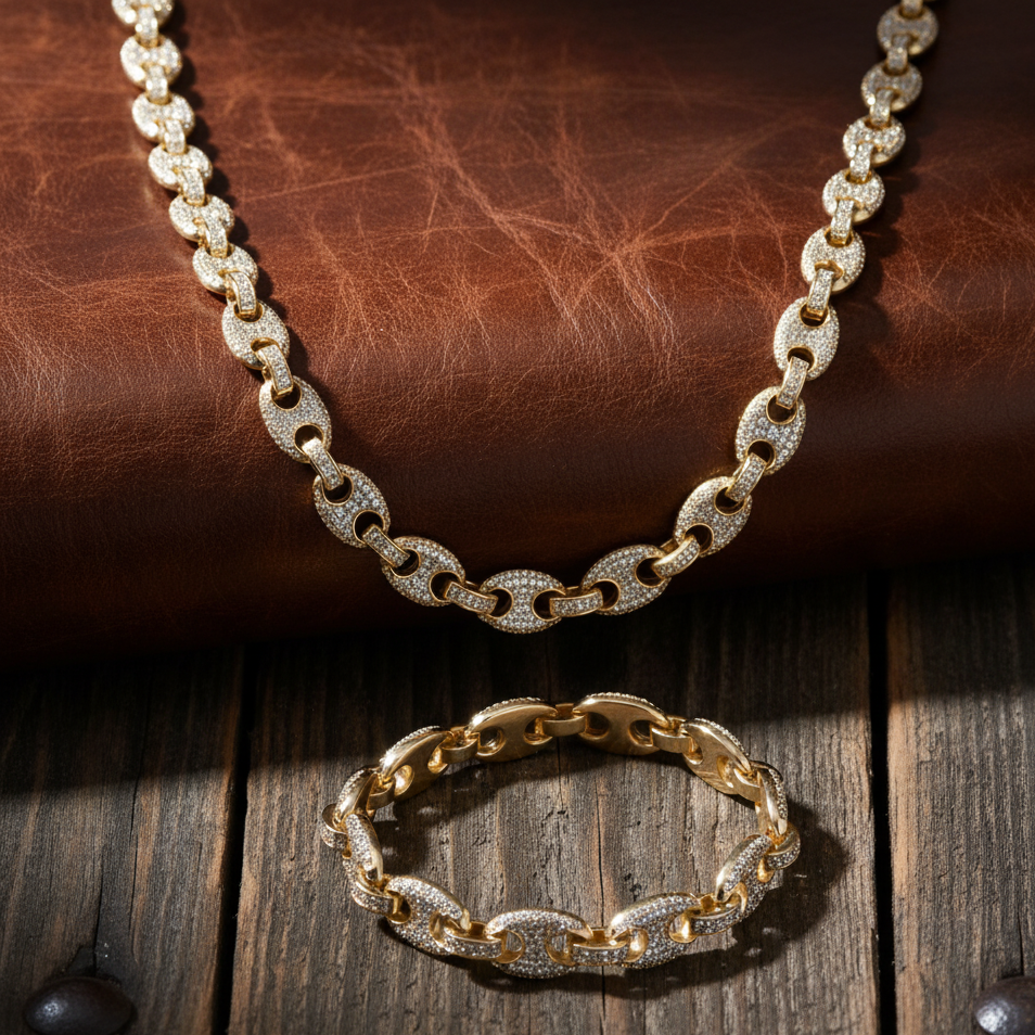 Gold chain necklace and bracelet on a wooden surface with leather background