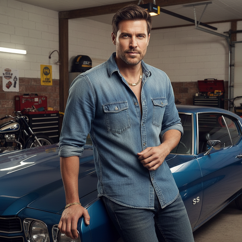 Man in a denim shirt standing next to a classic blue car in a garage.