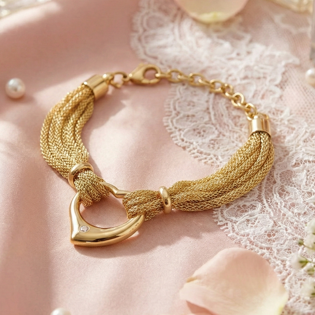 Steel Heart Bracelet Gold made of stainless steel with gold plating for women, featuring a woven mesh chain and a heart-shaped charm with a small gemstone on a soft pink lace background.