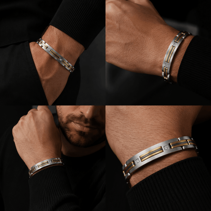 East End Diamond Bracelet featuring a sleek two-tone metal design with gold accents and a small diamond set on a modern, masculine band worn on a wrist.