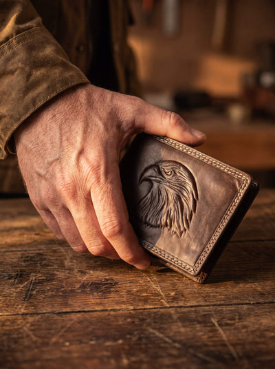 Eagle Predator Leather Wallet with embossed eagle artwork and stitched leather detailing held over a rustic wooden table Up To 75% Off Retail