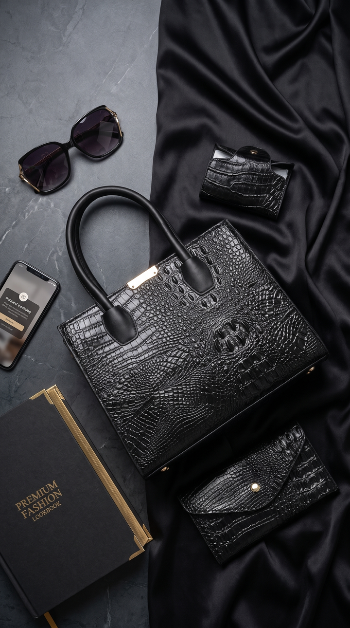 A black crocodile-embossed leather handbag with dual top handles, styled in a flat-lay arrangement with matching black accessories, sunglasses, a phone, a book, and draped black satin fabric on a dark gray surface. Gabriella Bag Collection featuring a black crocodile texture handbag wallet and mini purse with polished gold accents Up To 75% Off Retail