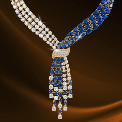 Royal Tide Necklace featuring intertwined strands of sparkling blue sapphires and dazzling white diamonds set in gold, creating a luxurious and elegant statement piece.