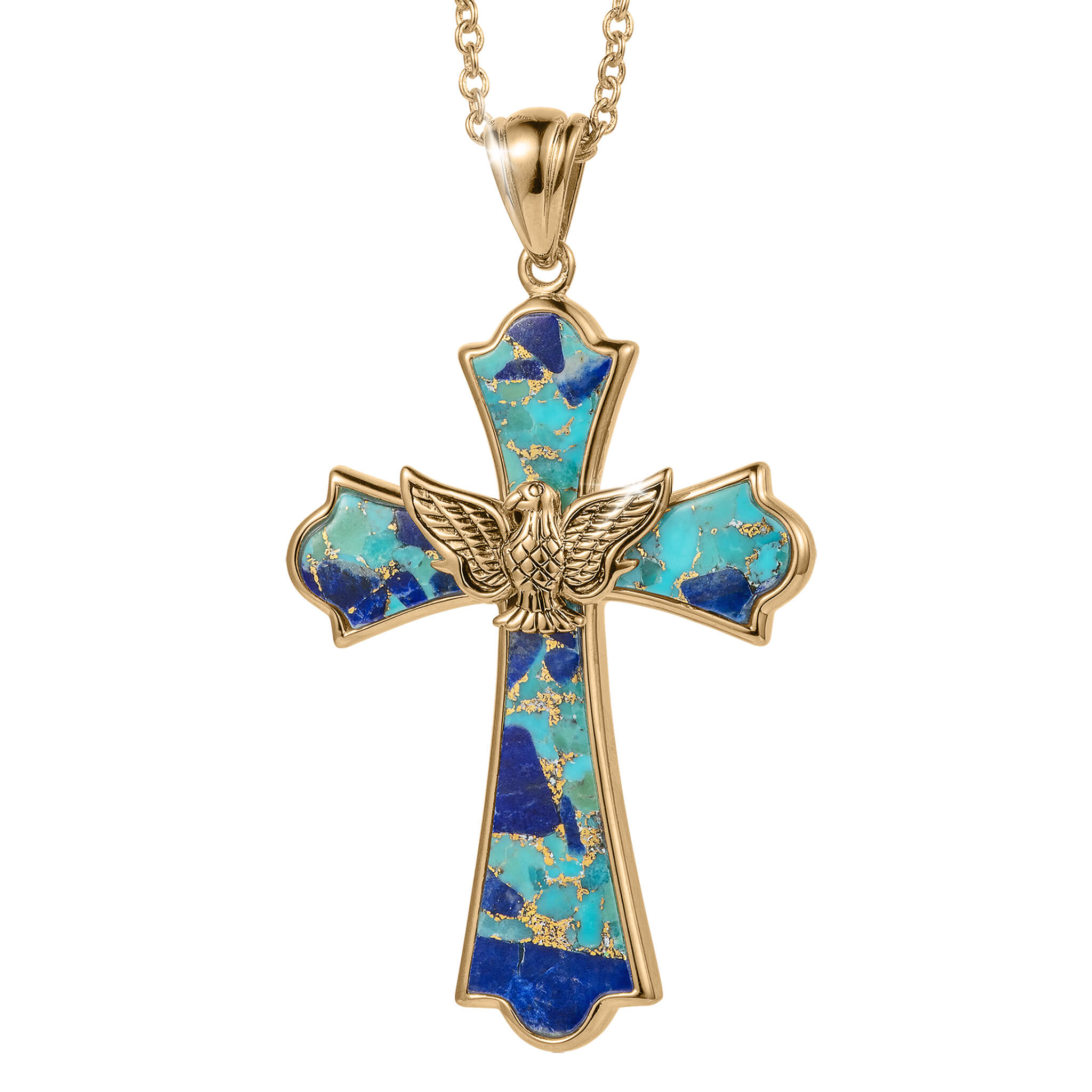 Wings Of Freedom Pendant featuring a gold-tone cross inlaid with vibrant blue and turquoise stones, accented by a detailed gold eagle at the center, hanging from a matching chain.