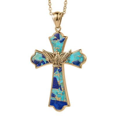 Wings Of Freedom Pendant featuring a gold-tone cross inlaid with vibrant blue and turquoise stones, accented by a detailed gold eagle at the center, hanging from a matching chain.