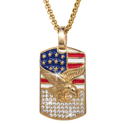 Patriot’s Crest Pendant featuring a gold-tone eagle overlaying an American flag design with clear crystal accents on a matching gold chain necklace