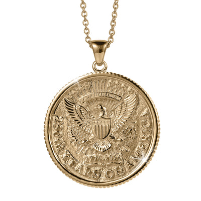 American Glory Pendant featuring a detailed gold-tone medallion with an eagle emblem, celebrating 250 years of America, hanging from a matching gold chain necklace.