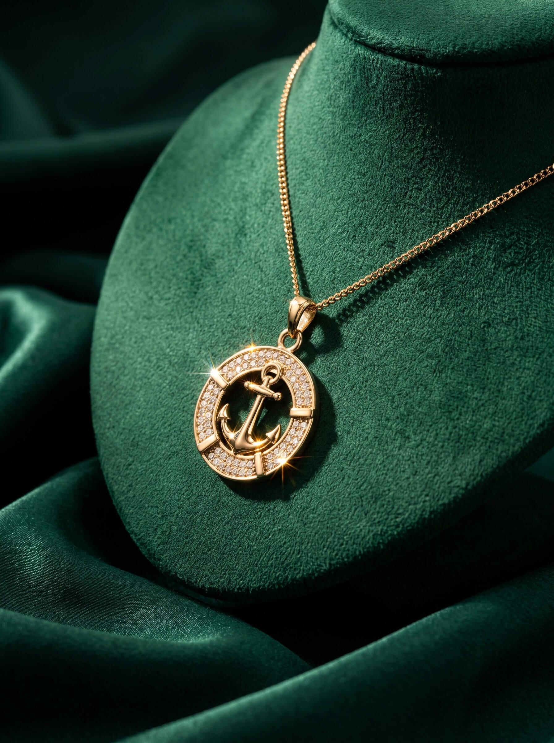 Mariner Pendant with a gold anchor design and sparkling accents on a delicate chain displayed against rich green velvet Up To 75% Off Retail