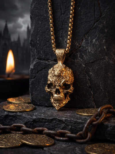 The Fallen Pendant gold skull pendant displayed on dark stone with chains coins and candlelight creating a dramatic gothic atmosphere