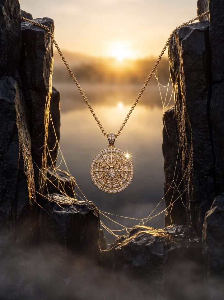 The Webmaster Pendant on a detailed chain between rocky cliffs at sunset with a glowing geometric web design and Up To 75% Off Retail
