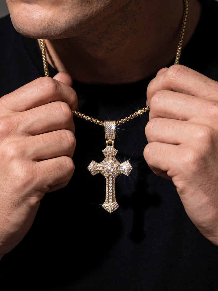 Redemption Pendant jeweled cross necklace held by a model against black clothing Up To 75% Off Retail