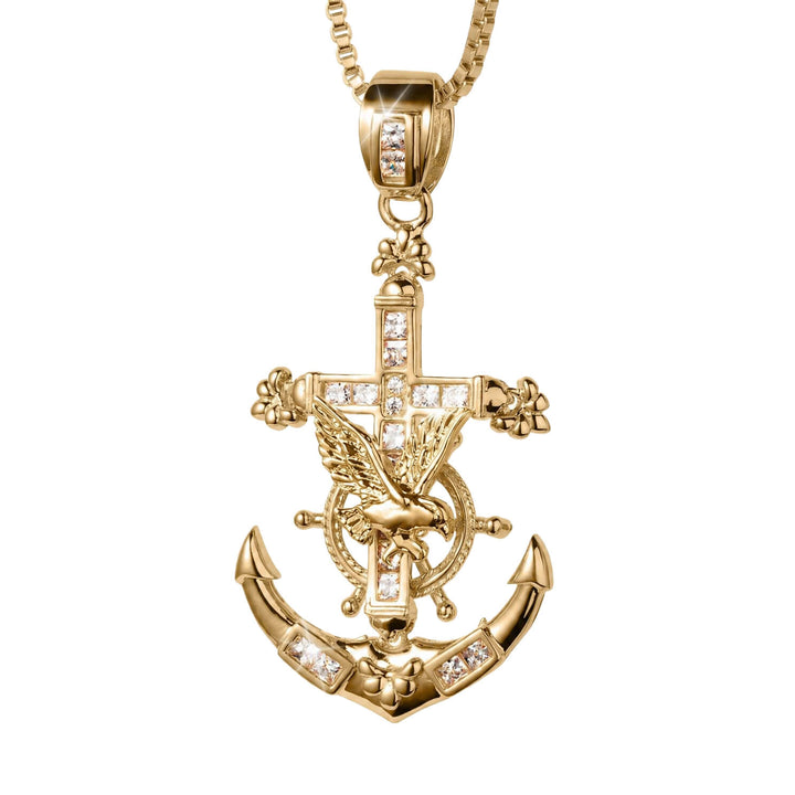 Anchor & Eagle Pendant in polished gold-tone featuring a detailed eagle, cross, and anchor design accented with sparkling clear stones on a gold chain necklace.