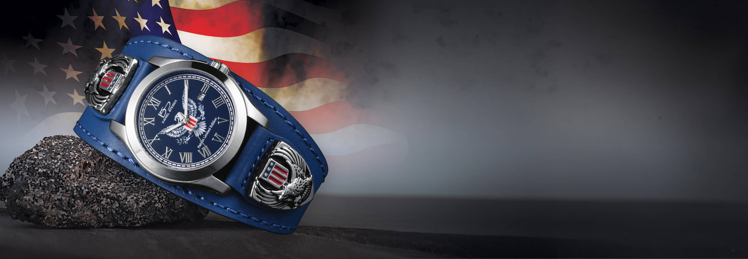 Blue watch with American flag design on a dark background