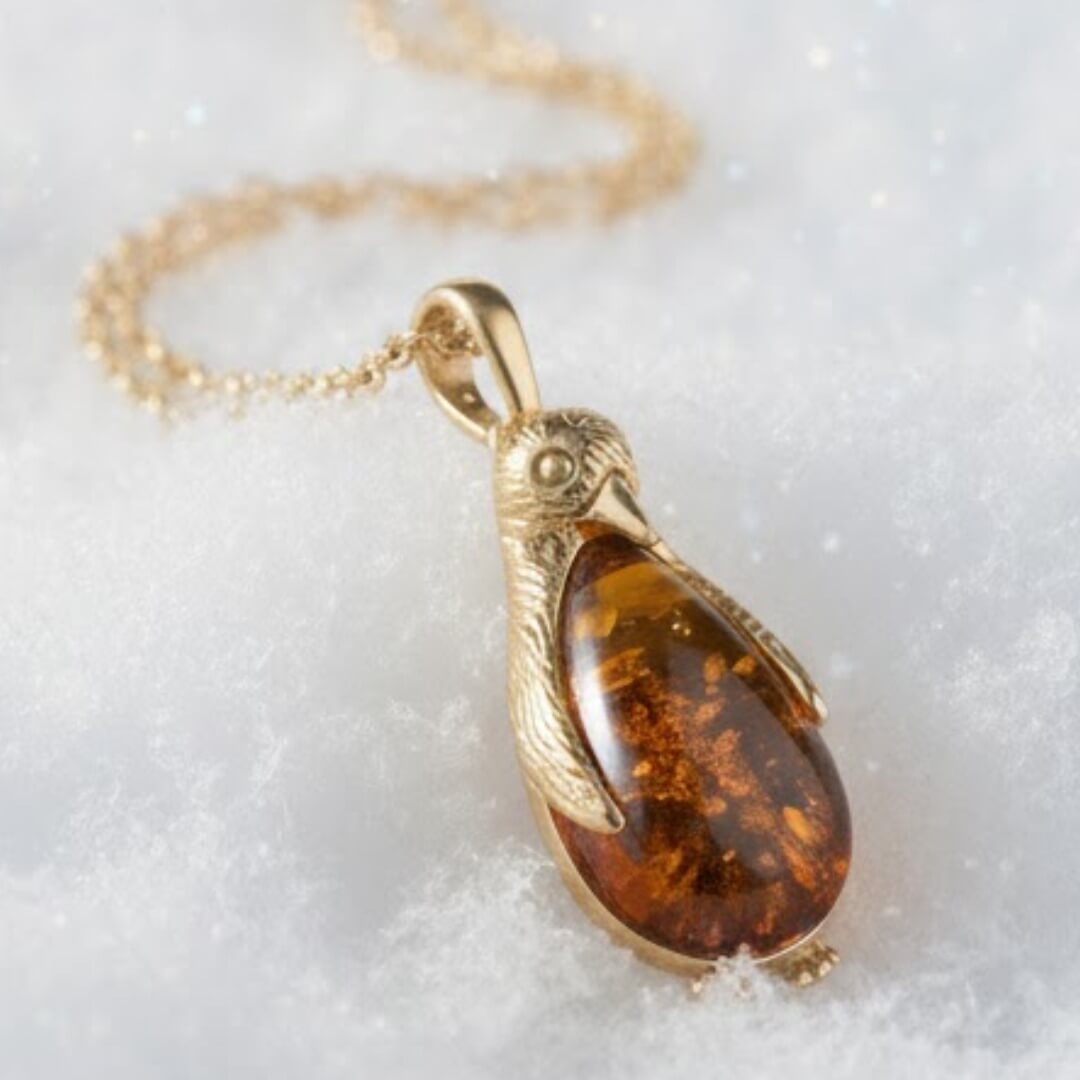 Gold necklace with a amber pendant on a white background. Penguin Baltic Amber Pendant
