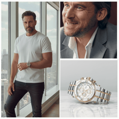 Phantom Two-Tone Men's Watch in stainless steel with a silver dial and two-tone plating, showcased worn on a man's wrist and in close-up, emphasizing its elegant design.