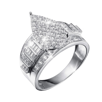 Lustrefall Ring featuring a pear-shaped cluster of sparkling stones atop a wide silver band adorned with rectangular and round clear gemstones, elegant jewelry design.