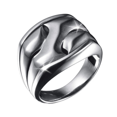 Polished silver metal Axis Interlock Men’s Ring with a bold, modern design featuring smooth interlocking elements and reflective surfaces.