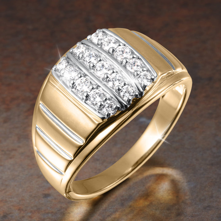 Beaumont Men's Ring featuring a polished gold tone band three rows of sparkling clear stones and sleek engraved accents Up To 75% Off Retail