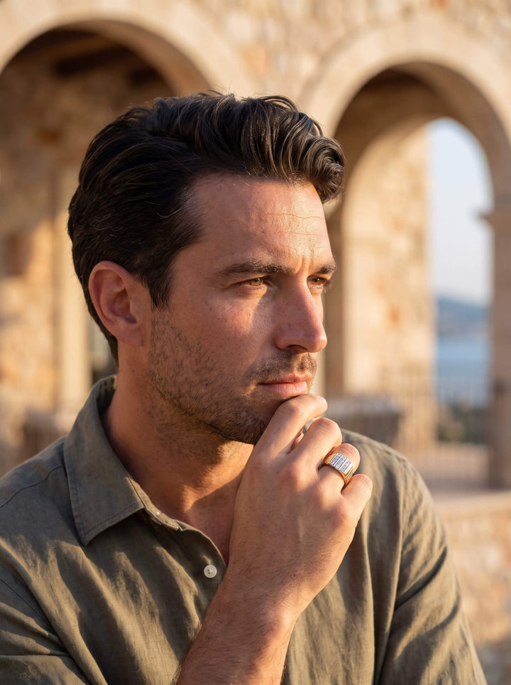 Beaumont Men's Ring worn by a man outdoors, showcasing a wide silver-toned band with textured detailing in warm natural light