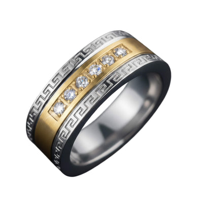 Men's Empire Ring crafted in stainless steel with a two-tone plating featuring a gold center band adorned with five sparkling clear stones and engraved geometric patterns.