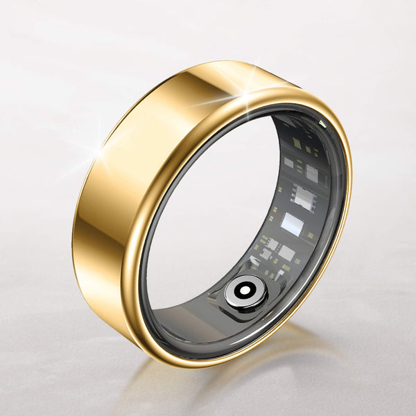Gold smart ring with electronic components on a white background