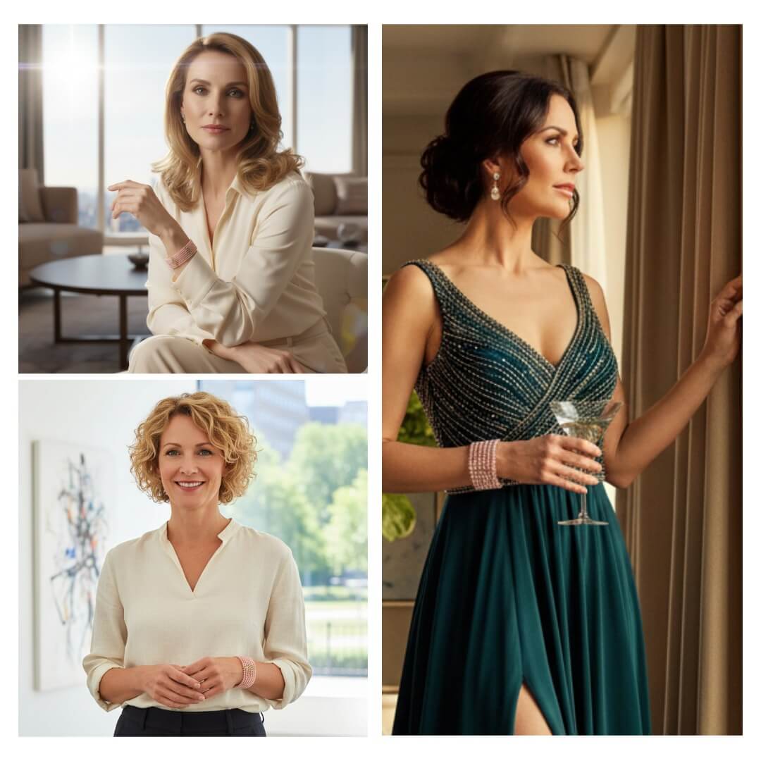 Collage of three women wearing the Rosa Cascade Bracelet in rose gold with gems, styled with elegant and casual outfits, showcasing versatile jewelry for women.