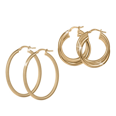 Two pairs of polished gold hoop earrings featuring textured and smooth finishes, showcasing the elegant Lucente Hoop Set jewelry collection.