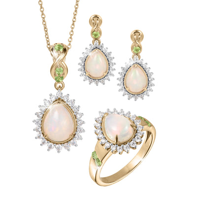 Opal Dew Drop Collection Set featuring a gold necklace matching earrings pendant and ring with luminous opals and sparkling gemstones Up To 75% Off Retail