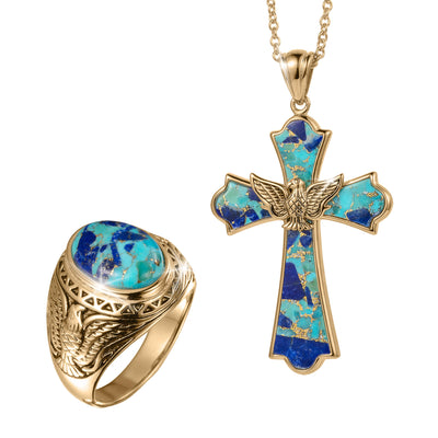 Gold ring with turquoise stone and gold cross pendant with blue and turquoise inlay featuring a flying eagle, part of the Wings Of Freedom Collection