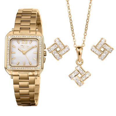 Gold tone watch with a jeweled square dial paired with a chain necklace pendant and matching geometric stud earrings on a white background