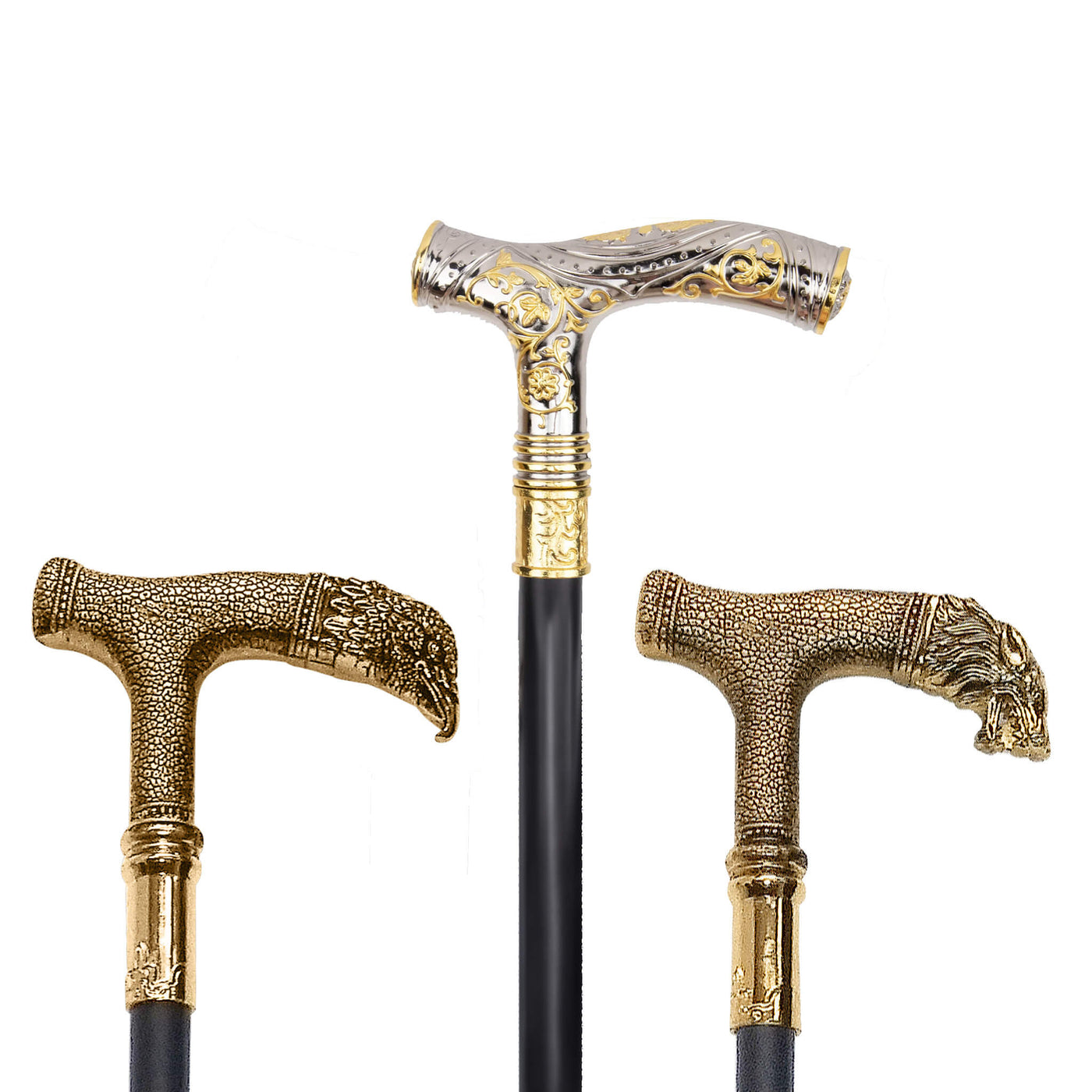 Three ornate walking sticks with decorative handles on a white background