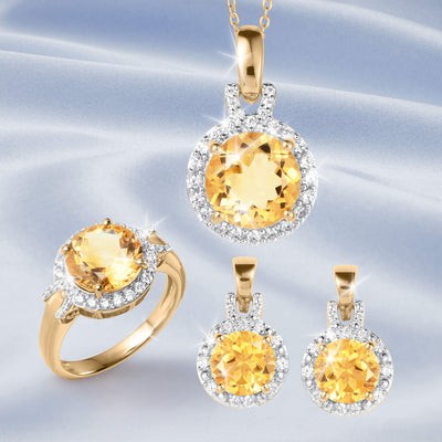 Golden Glow Collection featuring a yellow gemstone pendant ring and matching earrings with sparkling crystal accents Up To 75% Off Retail