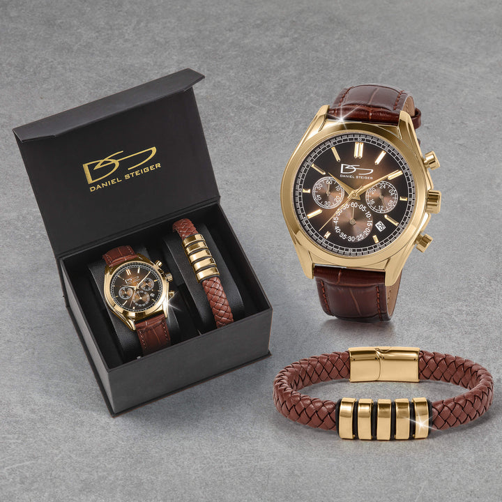 Vicerory Watch & Bracelet Box Set featuring gold tone chronograph watches and matching braided bracelets in a presentation box. Up To 75% Off Retail
