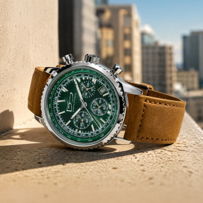 Legacy Chrono Men's Watch with green dial, silver case, and brown leather strap displayed against an urban backdrop, featuring chronograph subdials and date window.