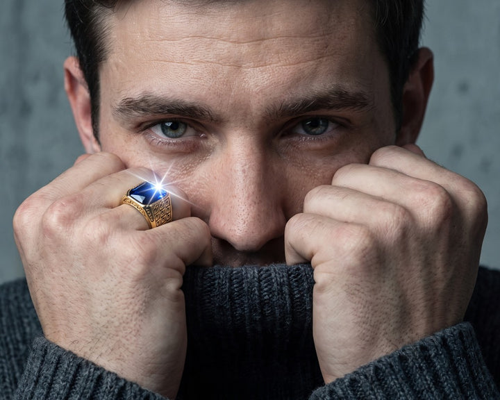 Blue Knight Ring with a striking blue gemstone and textured gold tone setting worn by a man in a dark sweater
