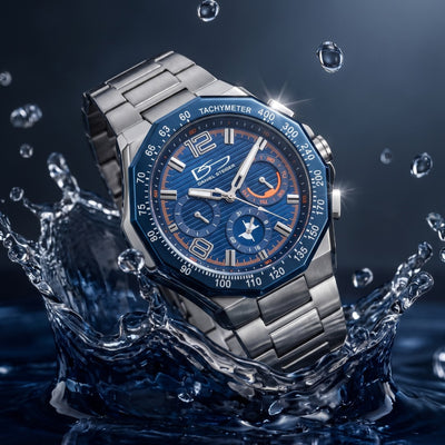 Ultima Men's Watch featuring a blue chronograph dial silver bracelet and tachymeter bezel splashing through water Up To 75% Off Retail