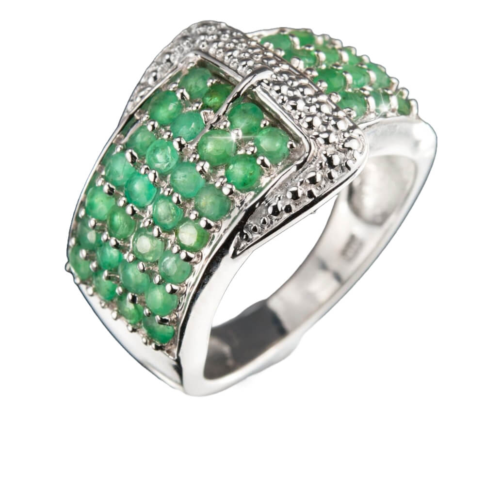 Emerald Buckle Ring featuring sterling silver with rhodium plating, designed for women, showcasing vibrant green emerald stones arranged in a buckle-inspired pattern.