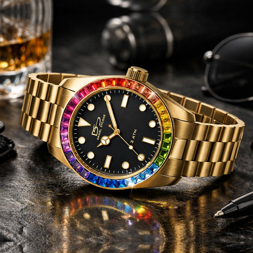 Gold watch with a rainbow-colored bezel on a dark surface with a glass of whiskey and a bottle in the background. Daniel Steiger Golden Spectrum Watch