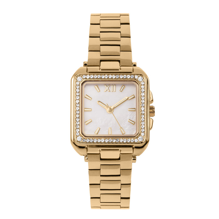 Golden Essence Gift Box Set featuring a gold tone watch with crystal accented square case and matching bracelet Up To 75% Off Retail