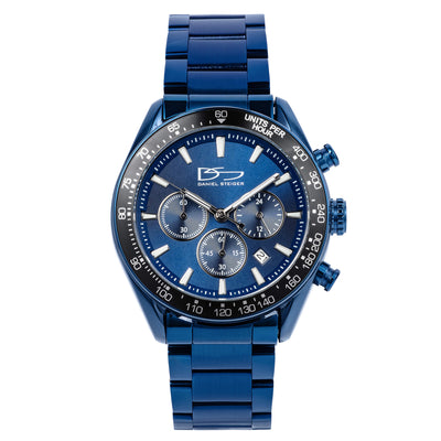 Midnight Velocity Men's Watch in polished blue stainless steel with chronograph subdials, date display, and tachymeter bezel for a sporty yet elegant look.