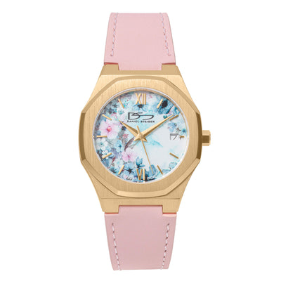 Fleur De Vie Ladies Watch with a pink leather strap gold tone case and floral dial Up To 75% Off Retail