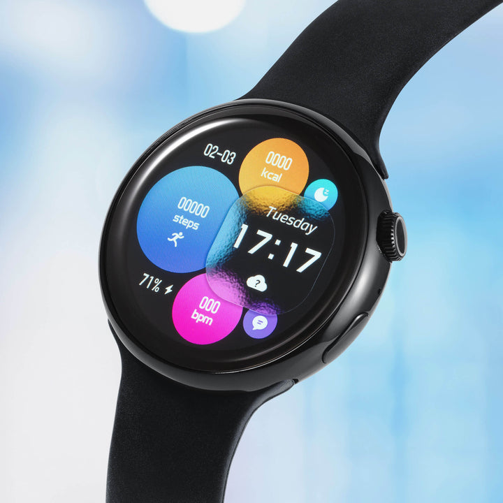 Pace Unisex Smart Watch with black band and colorful fitness display showing steps calories heart rate and Tuesday 17 17 Up To 75% Off Retail