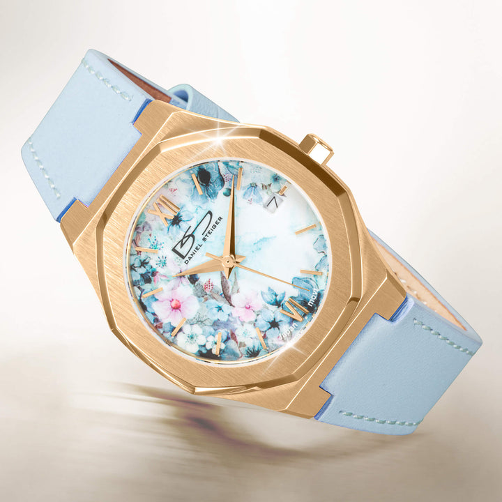 Fleur De Vie Ladies Watch with rose gold tone case floral blue dial and light blue leather strap Up To 75% Off Retail