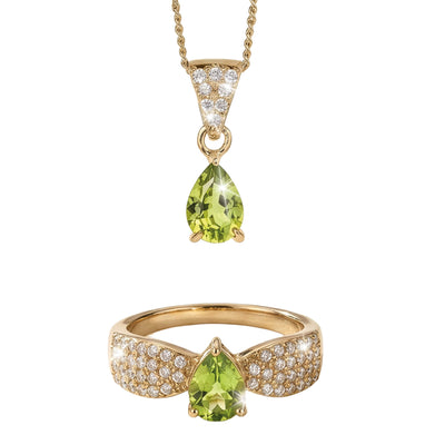Willow Grove Pendant featuring a pear-shaped green gemstone with a gold setting and chain, paired with a matching gold ring adorned with sparkling clear stones.