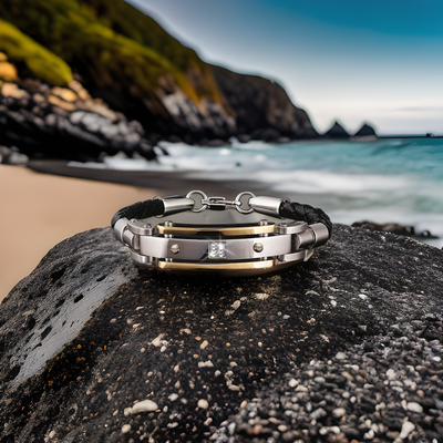 Men's Diamond Leather Bracelet featuring a two-tone steel and leather design with a central diamond detail, displayed on a rock by the ocean shore.