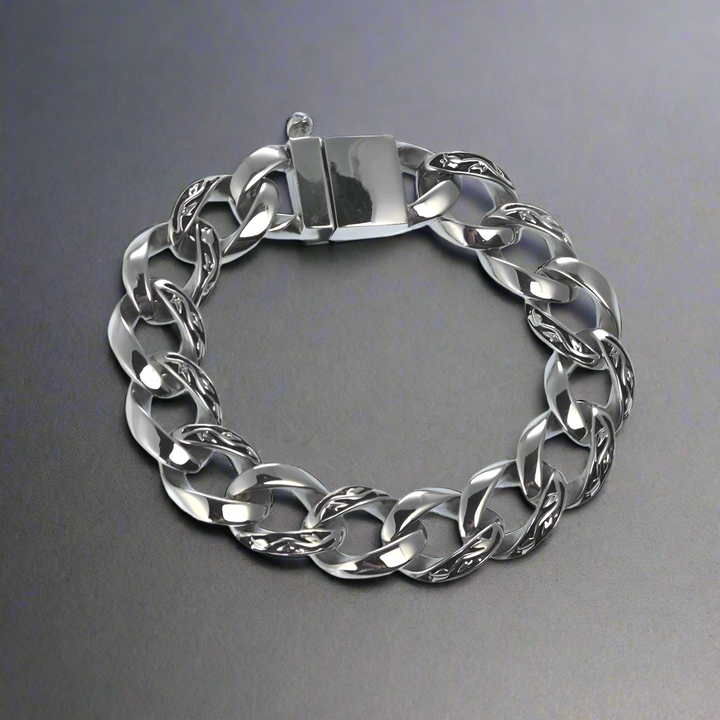 Enigma Steel Bracelet featuring a polished stainless steel chain link design for men, combining strength and style in a bold accessory for jewelry collections.