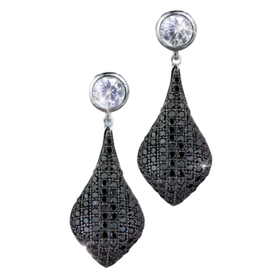 Micro Pave Drop Earrings featuring sparkling clear stones at the top and intricate black micro pave detailing on the drop, designed for women’s jewelry collections.