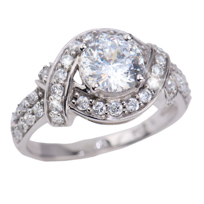 Lover's Knot Ring crafted in sterling silver with rhodium plating, featuring a central round sparkling stone surrounded by smaller stones in an elegant knot design for women.