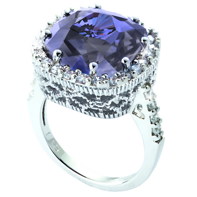 Padlock Ring featuring a large square-cut violet gemstone surrounded by small clear stones, set in sterling silver for a sophisticated female jewelry piece.